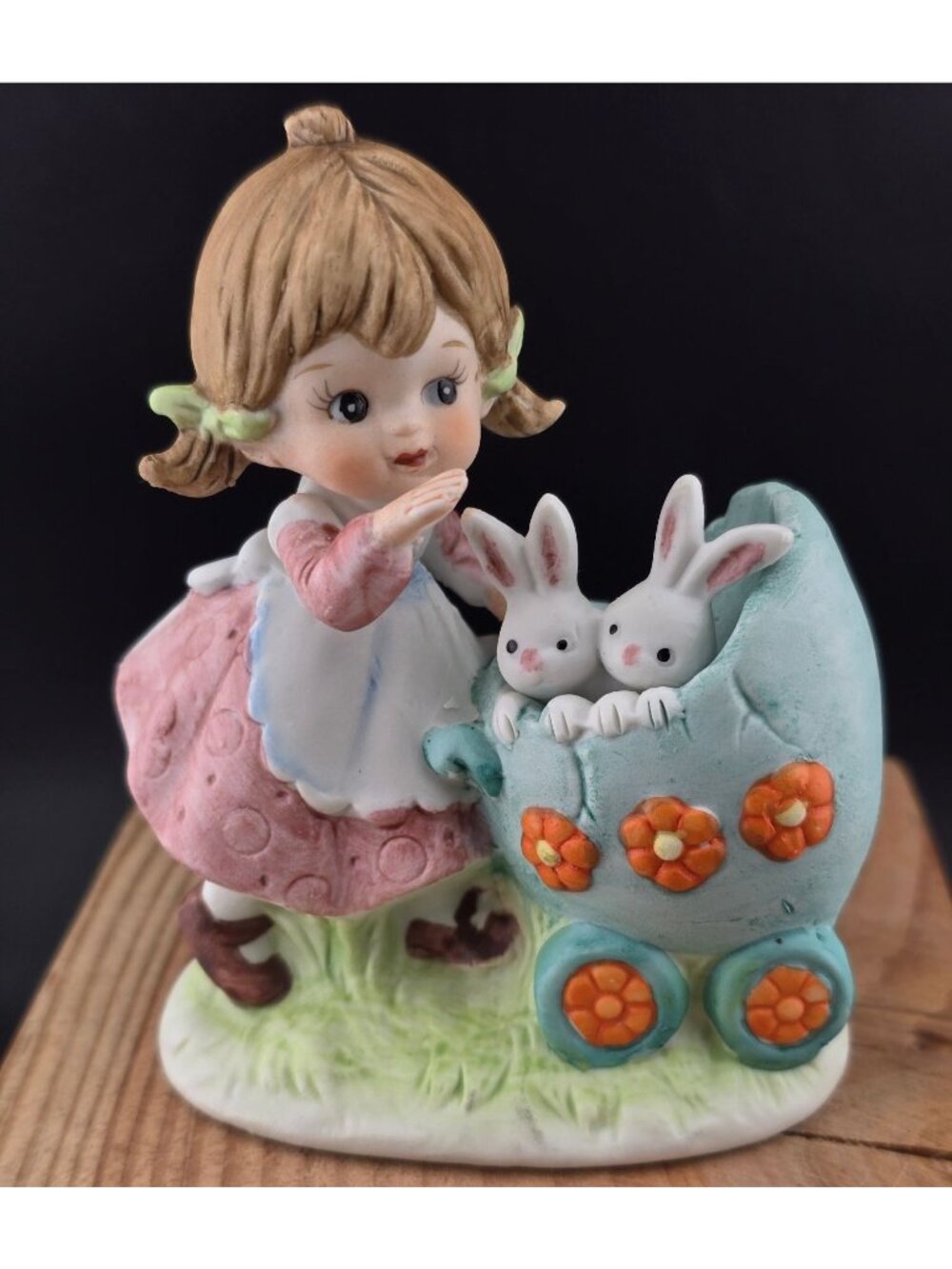 Vintage Lefton Hand Painted Girl Figurine With Bunny Carriage Easter
